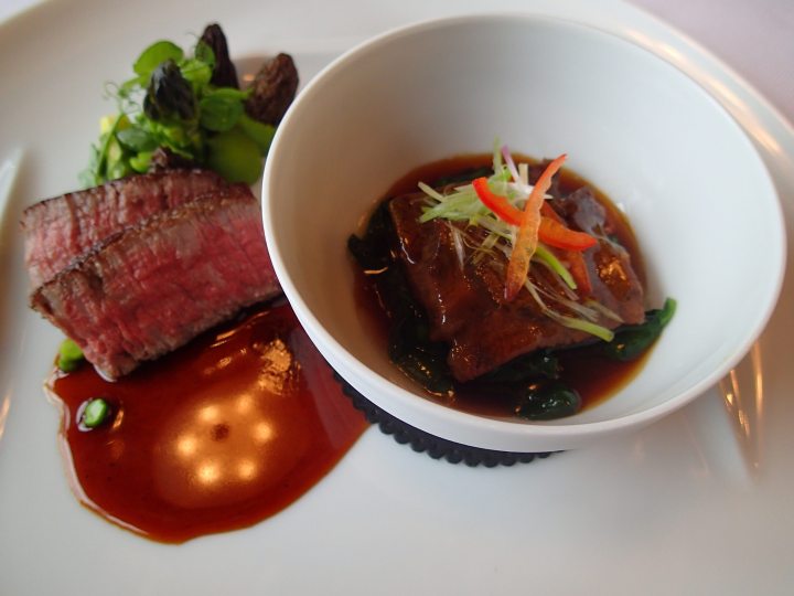 The sauce served with the beef tenderloin was so glossy you can see the refection of the chandelier above!